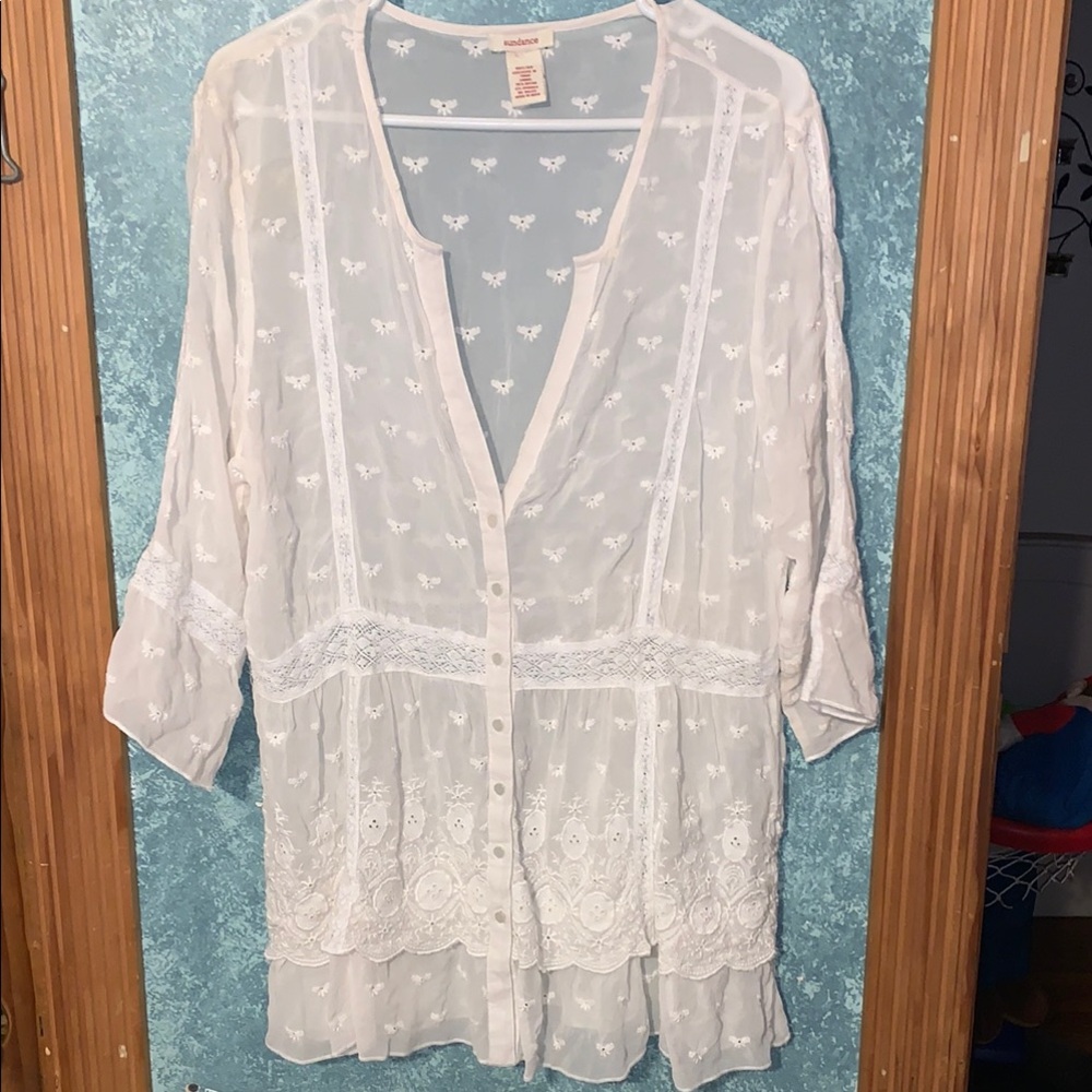 White Crochet-Detail Silk Blouse. Sundance. Beautiful.